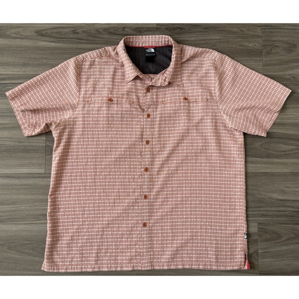 The North Face Shirt Button Up Short Sleeve Mens 2XL Orange Plaid Modal Hiking